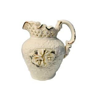 Vintage Porcelain Pitcher 3D Roses Lattice Neck 7.5" Cream Home Decor Rose Vase